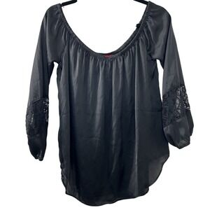Panhandle Satin Peasant Top L Black Lace Sleeve Off Shoulder Western Boho Goth